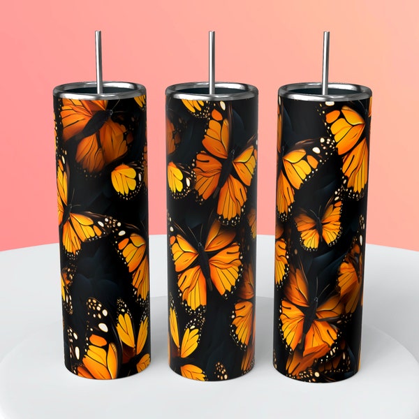 3D Orange Monarch Butterfly Seamless Design, 20oz Skinny Tumbler Sublimation Design, Straight Tumbler Wrap, Instant Digital Download PNG