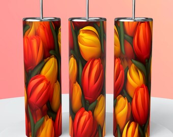 Tulipes rouges et jaunes 3D, conception de sublimation Skinny Tumbler de 20 oz, emballage de gobelet droit, téléchargement numérique instantané PNG