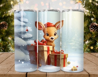 Christmas Cute Reindeer Watercolor Design, 20oz Skinny Tumbler Sublimation Design, Straight Tumbler Wrap, Instant Digital Download PNG