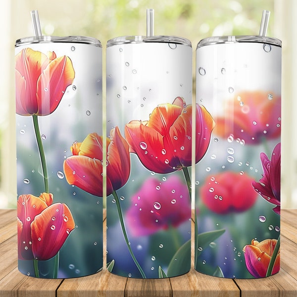 Tulips and Rain Drops, Floral Design, 20oz Skinny Tumbler Sublimation Design, Straight Tumbler Wrap, Instant Download PNG