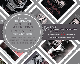 May include: A Canva template kit for authors, featuring a black and white design with roses and a typewriter. The kit includes matching Instagram posts, stories, portraits, and highlight covers. The text "In Time For Love" is featured on several of the templates. The kit also includes a bonus original color palette, 50 post ideas, and 50 author/book quotes.