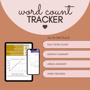 Puede incluir: Un rastreador digital de conteo de palabras que se muestra en una tableta y un teléfono inteligente. La imagen presenta el texto "word count TRACKER" en una fuente decorativa, junto con visualizaciones de datos y opciones para resúmenes diarios, mensuales y anuales.
