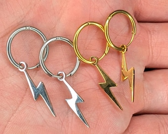 Lightning Bolt Hoop Earrings in Stainless Steel Gold or Silver, Flash Thunder, Gift Ideas, Premium Womens Mens Unisex Cute petite friendship