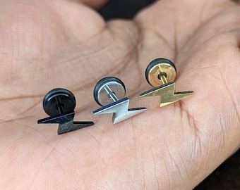 Lightning Stainless Steel Studs Earrings Black Gold Silver, Flash thunder Tiny Dainty, Bold Jewellery, Cute Gifts, Mens, Chunky, Birthday
