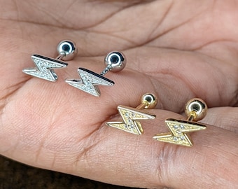 Lightning Bolt Stud Earrings (925 Silver) Gold Silver Glam David Bowie Premium Gift Rock and Roll Jewellery Aladdin Sane, Wedding, Birthday