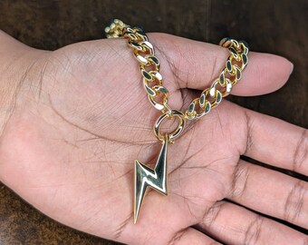 Chunky Cuban Chain Lightning Bolt Necklace (Silver or Gold) Heavy Chain Jewellery High Quality Statement Piece Costume Gift Party Theme
