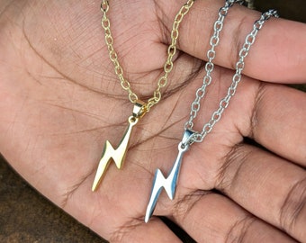 Simple Lightning Bolt Necklace (Gold or Silver) Stainless Steel Chain Pendant David Bowie Gift Rock and Roll Jewellery Aladdin Sane Flash