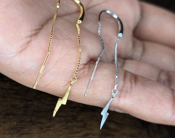 Lightning Bolt Threaders Earrings (925 Silver) Gold Hanging David Bowie Premium Gift Rock and Roll Jewellery Aladdin Sane Wedding Birthday