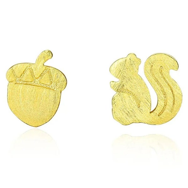 Squirrel and Nut Stud Earrings Brushed Acorn (925 Silver) Gold/Silver, Love, Cute, Anniversary, Engagement, Gift, Party, Wedding, Daily Wear