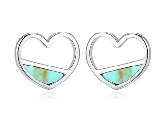 Pendientes lindos del perno prisionero de la turquesa del corazón (plata 925) plata azul, amor, lindo, aniversario, compromiso, regalo, fiesta, boda safari, uso diario