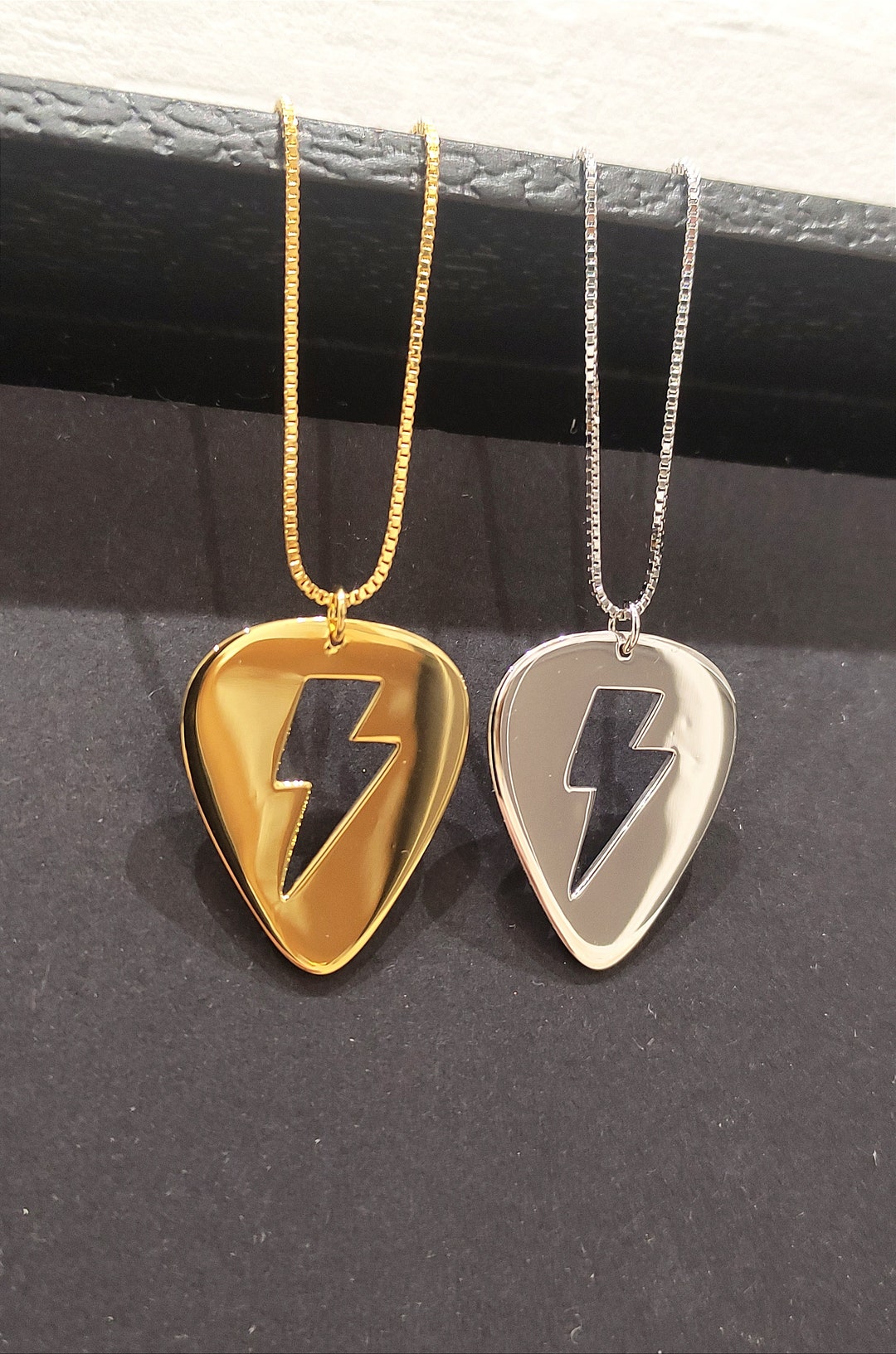 Guitar Pick Lightning Bolt Rock Pendant and Box Chain (925 Silver