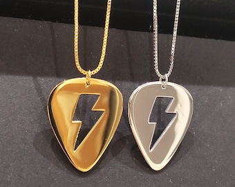 Colgante de púa de guitarra con rayo y cadena de caja (plata 925). David Bowie, regalo premium, joyería de rock and roll de alta calidad.
