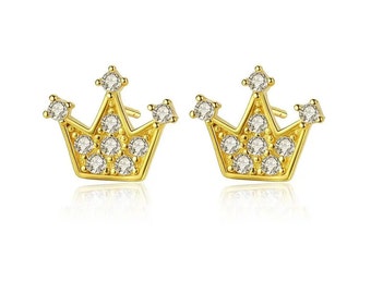 Princess Crown Cubic Zirconia Stud Earrings (925 Silver) Gold/Silver, Love, Cute, Anniversary, Engagement, Gift, Party, Wedding, Daily Wear