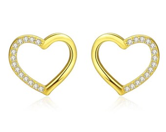 Love Heart Cubic Zirconia Stud Earrings (925 Silver) Gold/Silver, Love, Cute, Anniversary, Engagement, Gift, Party, Wedding, Daily Wear