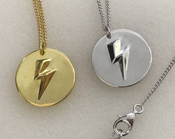 Petite Lightning Bolt Pendant and Curb Chain, 925 Silver David Bowie Premium Gift Rock and Roll Jewellery Aladdin Sane Wedding Birthday Gold