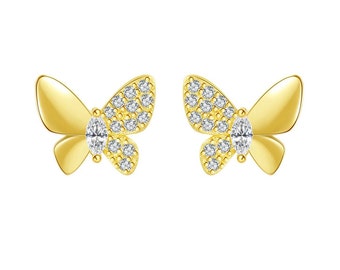 Bonitos aretes de circonita cúbica de oro con forma de mariposa (plata 925) Amor, lindo, aniversario, compromiso, regalo, fiesta, boda, insecto, uso diario