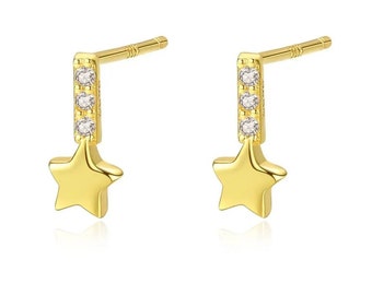 Pendientes lindos de circonio cúbico de estrella (plata 925) oro/plata, amor, lindo, aniversario, compromiso, regalo, fiesta, boda, uso diario