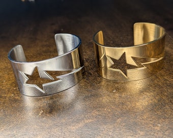 Lightning Bolt/Star Silver or Gold Bracelet, Heavyweight, Flash Thunder, Statement Piece, Gift Ideas, Open Bangle, Premium Womens, Chunky