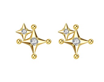 Golden Stars Cubic Zirconia Stud Earrings (925 Silver) Love, Cute, Sparkle, Night, Anniversary, Engagement, Gift, Party, Wedding, Daily Wear