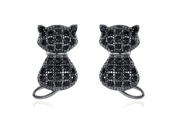 Cat Black or Silver Cubic Zirconia Stud Earrings (925 Silver) Love, Cute, Engagement, Gift, Party, Wedding, Halloween, valentines, party pet