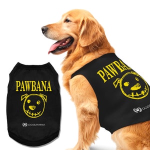 May include: A black dog vest with yellow text that says "PAWBANA" and a cartoon dog face. The vest is being worn by a golden retriever.