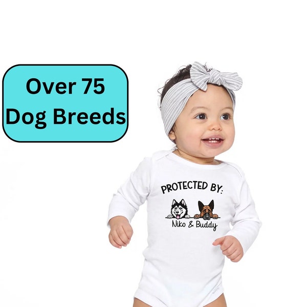 Personalized Baby Shower Gift, Protected By Dog Onesie® Long Sleeve, Newborn Baby Gift, Personalized Baby Onesie®, Custom Dog Onesie®