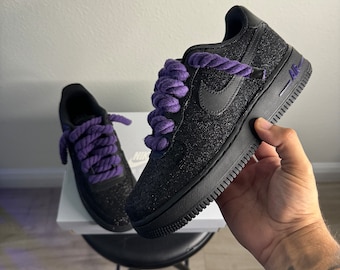 custom black glitter af1 with purple bottoms and purple rope laces