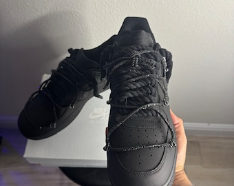 custom double laced matte black af1 with thick rope laces and blue bottoms