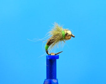 Olive Stripped Quill Chartreuse Tip, Bead Head, Trout Fly, Nymph Fly,-Sold in sets of 3