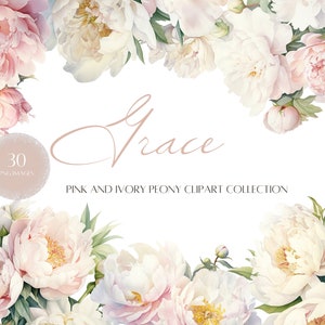 Blass rosa und Elfenbein Pfingstrose Clipart, Florales Clipart Bündel, florale Ecke Bordüre, florale Bordüre png, Aquarell Clipart, Hochzeit Clipart