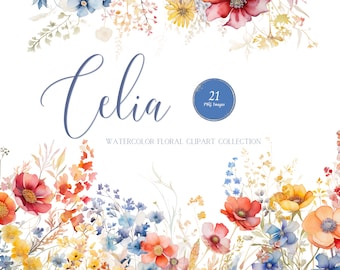 Red Blue Yellow Watercolor Clipart Bundle, Watercolor Floral Borders, Floral corner Border, floral border png, wildflowers, Wedding Clipart