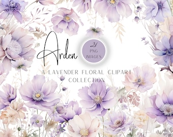 May include: A watercolor illustration of a lavender floral bouquet with a white background. The text "Arden" and "A Lavender Floral Clipart Collection" are written in black text. The text "2/ PNG IMAGES" is written in white text on a purple circle.
