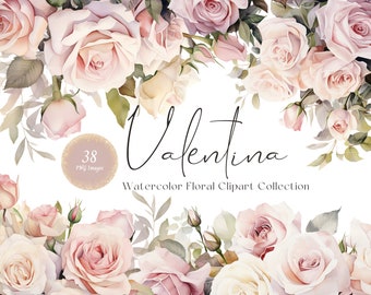 以下が含まれることがあります： 「Valentina」と呼ばれる水彩画のフラワークリップアートコレクション。ピンクと白のバラが38個、緑の葉が描かれています。