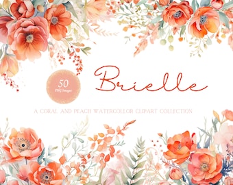 Coral Watercolor Floral Clipart Bundle, floral corner border, floral border png, poppy clipart, Wedding Clipart, watercolor flowers png