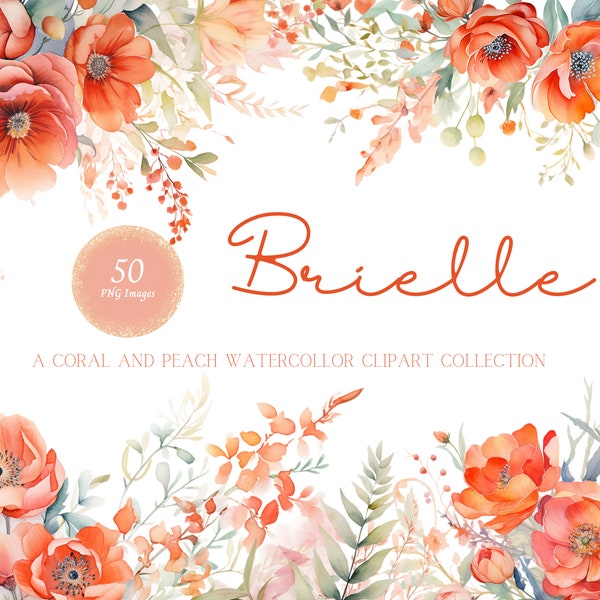 Coral Watercolor Floral Clipart Bundle, floral corner border, floral border png, poppy clipart, Wedding Clipart, watercolor flowers png