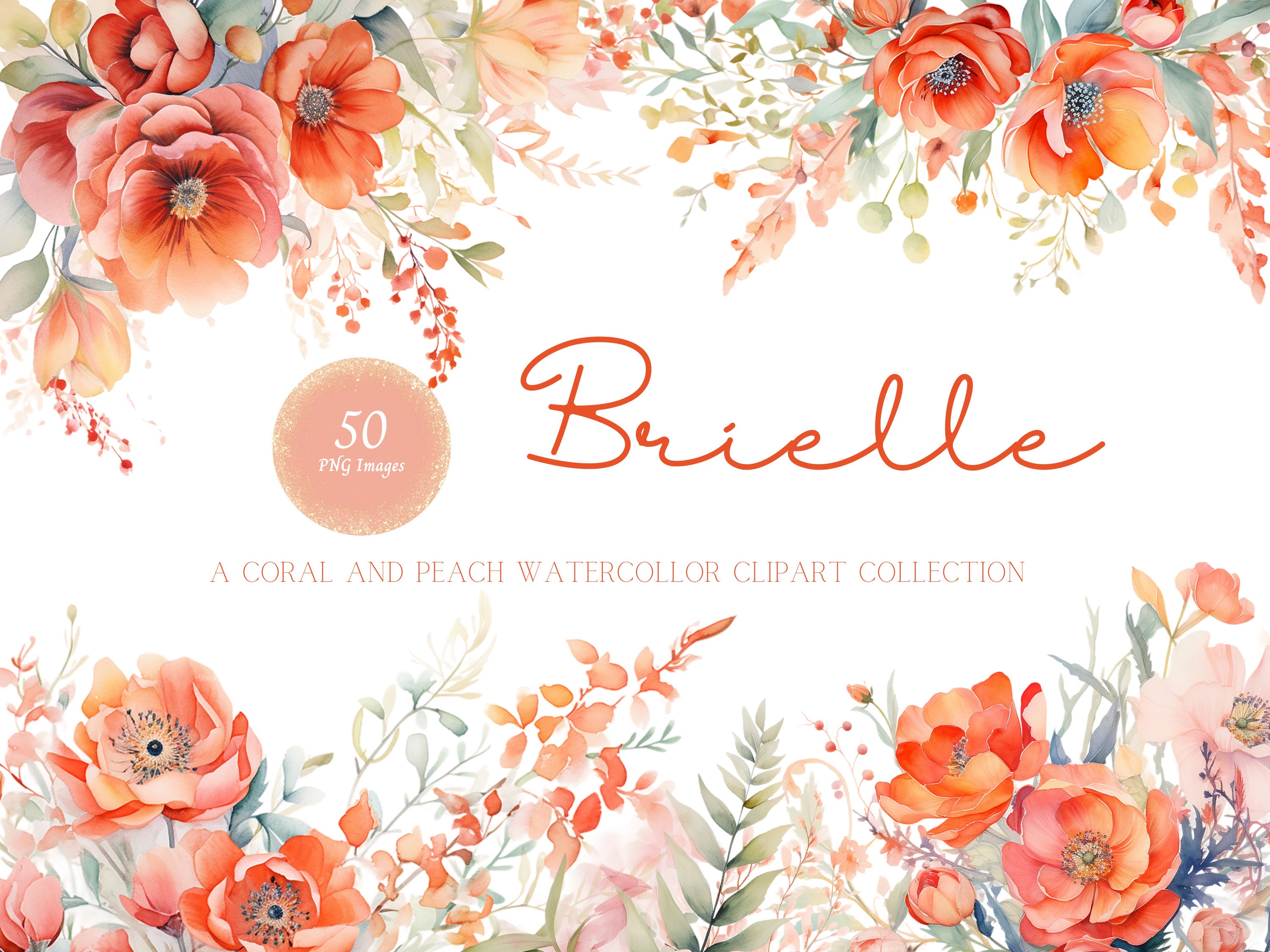 Coral Watercolor Floral Clipart Bundle, Floral Corner Border, Floral ...