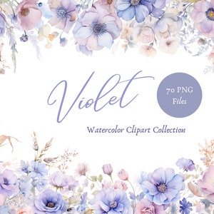 Paquete de imágenes prediseñadas de flores de acuarela violeta, borde de esquina floral, borde floral png, flores de acuarela lavanda, flores silvestres, imágenes prediseñadas de boda