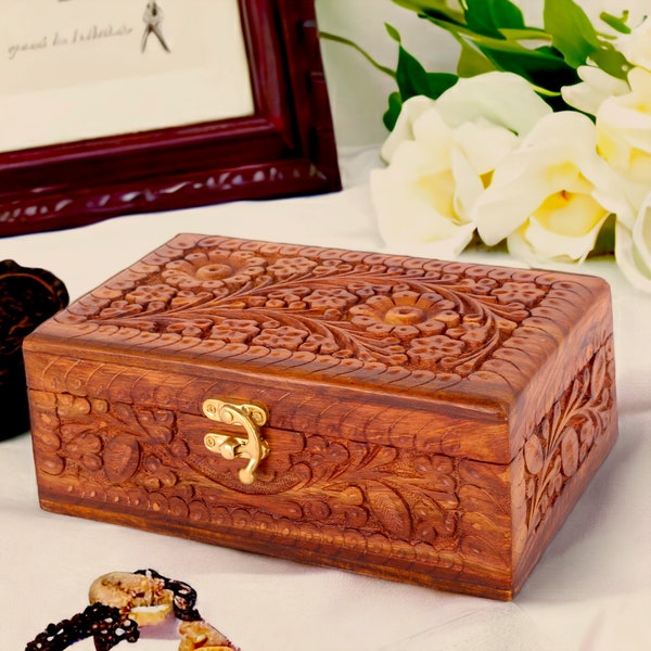 Wooden Jewelry Box Hand Carved Rustic Vintage Box Antique Wooden Keepsake Trinket