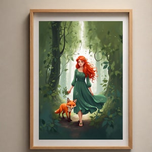 Enchanted Forest | Girl and Fox illustration | Digital Wall Art|