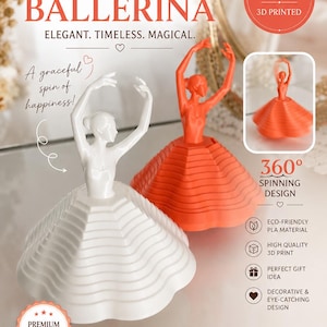 May include: 3D-printed ballerina figurines in white and orange. The figurines are in a dancing pose with a 360-degree spinning design. The image text says "SPINNING BALLERINA" and "HANDMADE WITH LOVE".