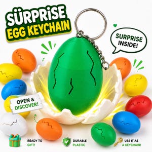 May include: A green egg-shaped keyring with a metal ring, surrounded by smaller colourful eggs in orange, yellow, blue, red, and white. Text on the image reads: SURPRISE EGG KEYCHAIN, SURPRISE INSIDE!, OPEN & DISCOVER!, READY TO GIFT!, and DURABLE PLASTIC.