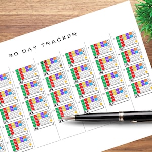 May include: A printable 30-day tracker with colorful squares and numbers 1 through 30. The tracker is designed to help you track your progress towards a goal.