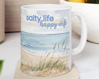 Salty Life Happy Wife Beach Mug, Gift for Wife, Beach Gifts, Encouraging Inspirational Cup, Coffee Tea Gift, Positive Office Kitchen Decor