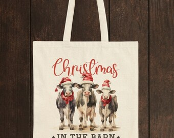 Christmas Cow Tote Bag, Best Selling Tote, Most Popular Shopping Bag, Trending on Etsy Christmas Bag, Unique Barn, Animal Lovers Tote Bag