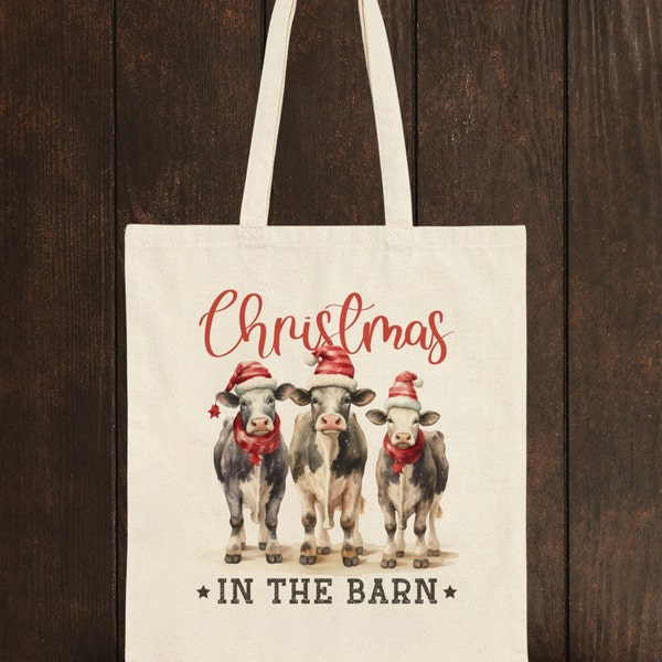 Christmas Cow Tote Bag, Best Selling Tote, Most Popular Shopping Bag, Trending on Etsy Christmas Bag, Unique Barn, Animal Lovers Tote Bag