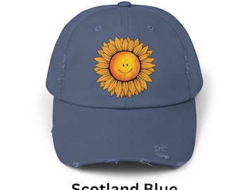 Sunflower Smile Unisex Distressed Cap, Sunflower Hat, Sunflower Smile Gifts, Unique Hats, Sunflower Ball Caps, Sunflower Gifts, Smile Cap