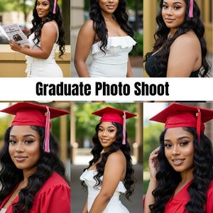 Peut inclure: Une jeune femme en robe blanche et en toge de graduation rouge pose pour une séance photo. Elle a de longs cheveux noirs et sourit. L'arrière-plan est une image floue d'une rue de la ville.