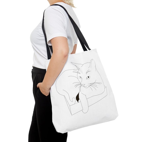 Cat Sitting in Box Tote Bag Minimalist Design Tote Cat Bag for Cat Lovers