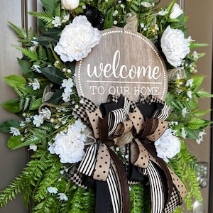 Welcome Door Wreath Rustic Farmhouse Front Door Decor, Neutral Greenery Wreath Black White Year Round Handmade Housewarming Gift