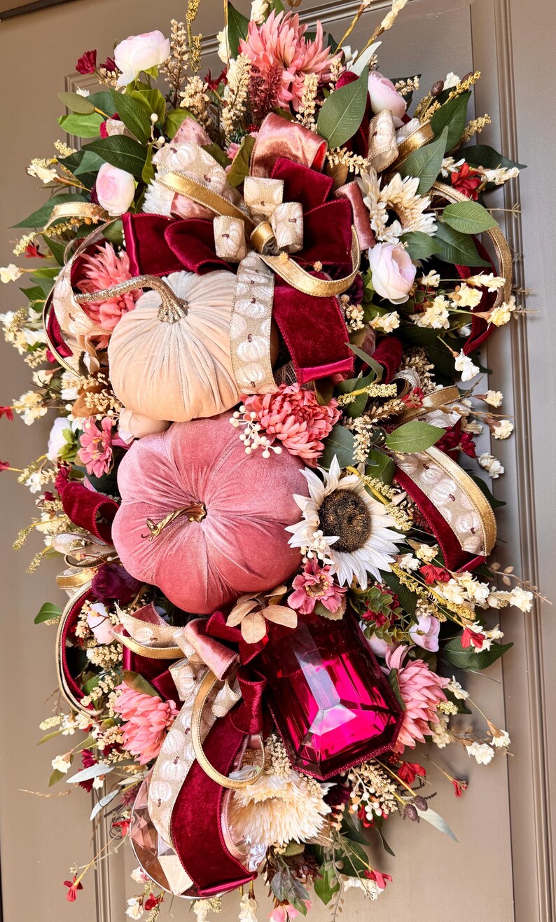 Cozy Fall Pumpkin Door Wreath, Burgundy Velvet Ribbon Autumn Wreath, Pink Floral Fall Decor, Thanksgiving Front Door Wreath Handmade, image 1